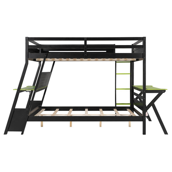 English Elm Full Size Gaming Bunk Bed with Dual Desks Usb Charging Ports and Pegboard Storage Green LT000274AAG
