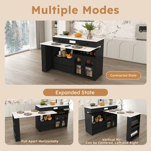 English Elm Kitchen Island Marble Veneer Retro Style Rotating Expandable Top Built-in Outlets Mdf Black W2700S00119