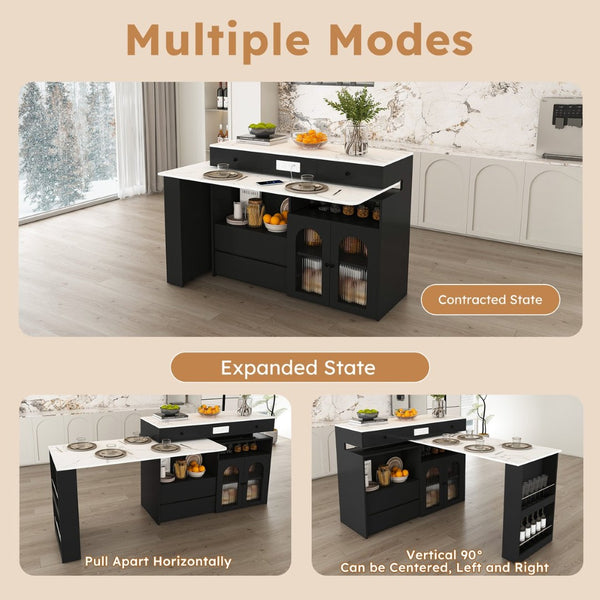 English Elm Kitchen Island Marble Veneer Retro Style Rotating Expandable Top Built-in Outlets Mdf Black W2700S00119
