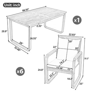 English Elm Outdoor Acacia Wood Dining Set Seats Six with Cushioned Armrest Chairs for Patio Natural Wood+Brown N719Z000200D