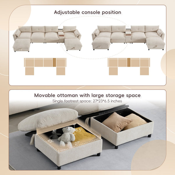 English Elm 136'' Modular Sectional Sofa with Console, USB Charger, Cup Holders, Movable Storage Ottoman, Oversized Chenille U-Shaped Lounge Beige N723S8777A