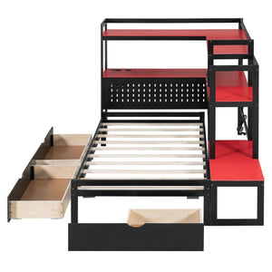 English Elm Twin Gaming Daybed with Led Strips Desk Pegboard Bookcase and Three Storage Drawers Black+Red N820S00083J