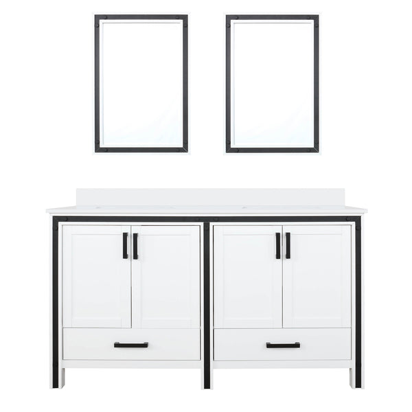 English Elm White Double Bath Vanity 60 in. W x 22 in. D with White Quartz Top, Soft-Close Drawers & Mirrors B2731S00910