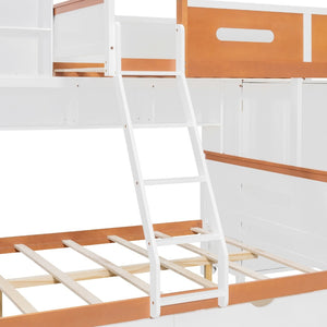 English Elm Twin Over Full Wooden Bunk Bed With Stylish Storage, Led Light, Drawers, And Wardrobe In White & Orange N820S00063K-GIGA