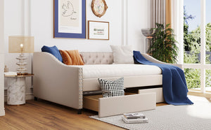 English Elm Upholstered Full Daybed with Linen Tufted Back Rivet Arms and Two Storage Drawers LP002111AAA