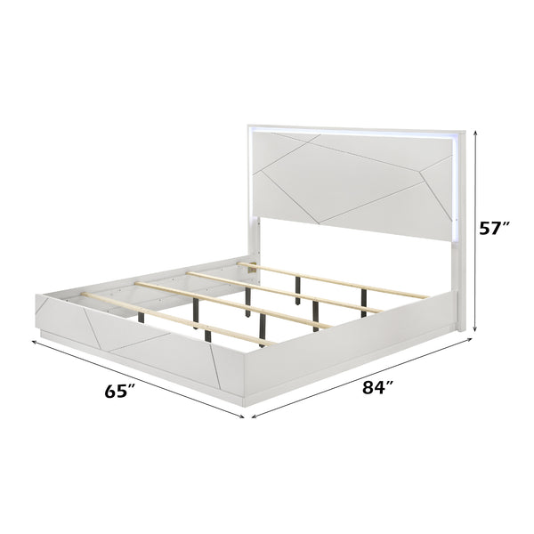 English Elm Esther Queen Bed White & Silver High Gloss MDF w/LED Headboard, Embossed Lines, 660lb Capacity B2726S00548