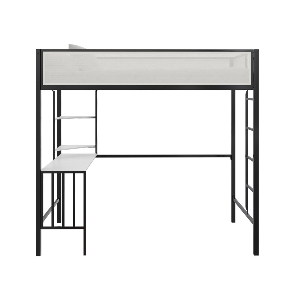 English Elm Axel Twin Loft Bed with Desk, Shelves & Mesh Guardrails — Space-Saving Metal Frame for Kids Teens Dorms B2733P358857