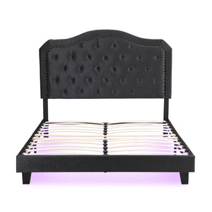 English Elm Upholstered Queen Bed Black Velvet Tufted Headboard with Led Ambient Lighting W311P237227