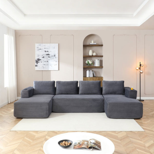 English Elm 132" Modular U-shaped Corduroy Sectional with Deep Seat Foam Cupholders Living Room Grey W1117S00417