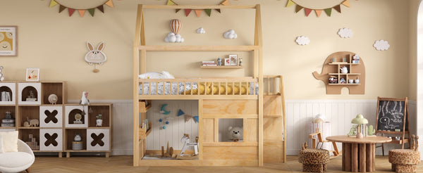 English Elm Full Size Solid Wood House Bed with Led Shelf Lighting for Kids Bedroom Natural N7500005026N