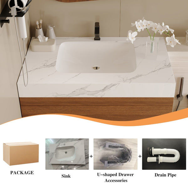 English Elm 29.9" Floating Bathroom Vanity Sintered Stone Top Soft Close Drawers Bronze Gold Hardware W3136S00041