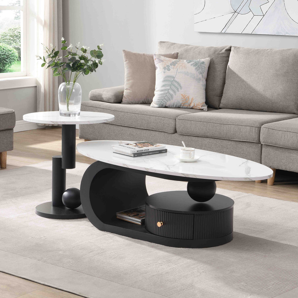 English Elm Modern Nesting Coffee Table Set - Stylish 2-Piece Oval & Round Design With Faux Marble & Storage Drawer W821S00004