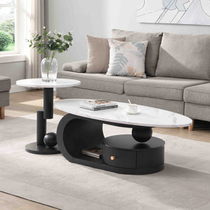 English Elm Modern Nesting Coffee Table Set - Stylish 2-Piece Oval & Round Design With Faux Marble & Storage Drawer W821S00004