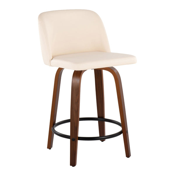 English Elm Toriano 24" Mid-Century Modern Swivel Counter Stool Set of 2 — Walnut Bent Wood Legs & Faux Leather Upholstery, Black Footrest, Comfortable Seating (Fixed Height) Cream B202S00127