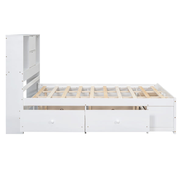 English Elm Queen Platform Bed with Built-In Headboard Storage and 8 Drawers, Solid Wood MDF, Sturdy Design White GX000453AAK