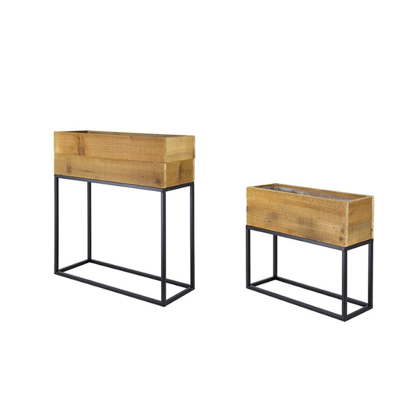 English Elm Set of 2 Rustic Wood Planter Boxes with Black Iron Stands for Farmhouse Decor W2078P496655