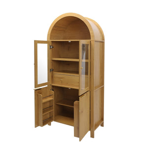 English Elm 71" Arched Glass Barn Door Pantry Cabinet Farmhouse Mdf Storage for Kitchen Dining Oak W2917S00015