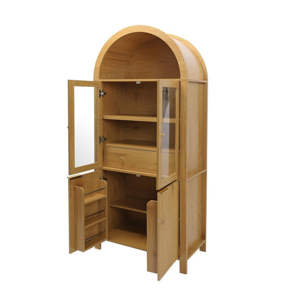 English Elm 71" Arched Glass Barn Door Pantry Cabinet Farmhouse Mdf Storage for Kitchen Dining Oak W2917S00015