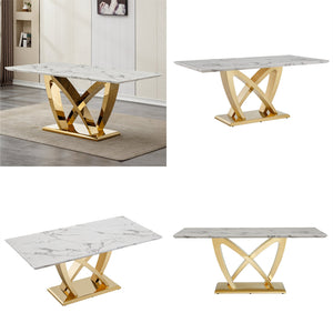 English Elm Marble Dining Table For 6-8 People, Luxurious Faux Marble Top With Gold Mirrored Base, Modern Design W3456S00052