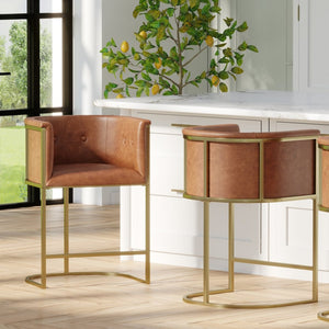 English Elm 26" Counter Stool Tufted Faux Leather Seat with Brass Metal Base for Kitchen Islands Brown Pu B2751P436482