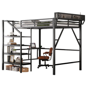 English Elm Queen Metal Loft Bed with Staircase Storage Foldable Desk and Built-in Charging W2580S00073