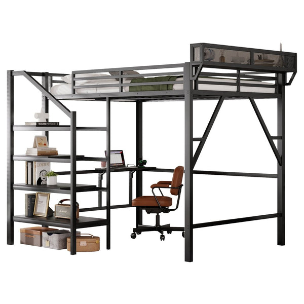 English Elm Queen Metal Loft Bed with Staircase Storage Foldable Desk and Built-in Charging W2580S00073