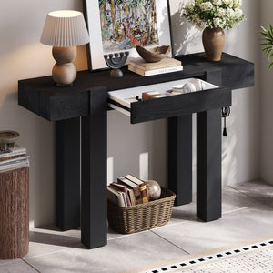 English Elm Trexm Ash Veneer Entryway Console Table Built in Power Outlet Drawer Rubberwood Black N715P361518B