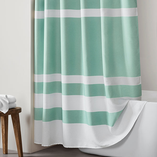 JLA Home Madison Park - Shower Waffle-Textured Curtain with Scotchgard Water-Repel — Heathered Stripe for Spa-Like Bath Ambience Aqua MP70-1485