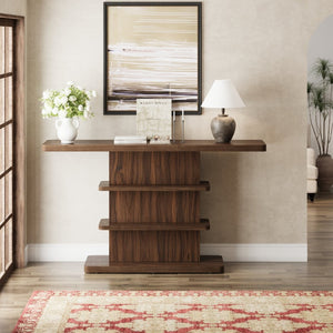 English Elm 63"vintage Walnut Console Table Two Open Shelves Slim Hallway Living Room Accent W757P399696