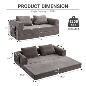 English Elm Convertible Corduroy Sleeper Sofa Foldable Three Seat Couch for Studio or Bedroom Dark Gray W3366P447131