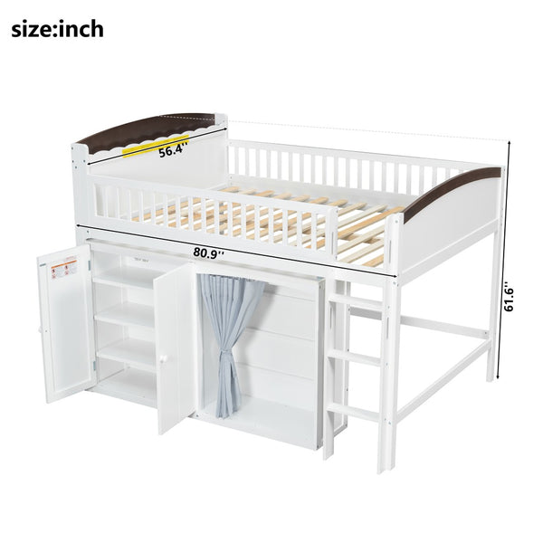 English Elm Twin Loft Bed with Wardrobe Cabinet Led Lighting and Pine Frame for Kids Rooms White N7090002236K