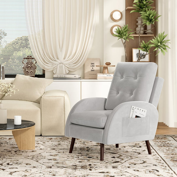 English Elm Upholstered Velvet Accent Chair and Ottoman with Storage, Tufted Design, 6-Level Adjustable Backrest Light Gray T3623P411378