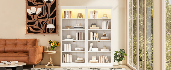 English Elm 83" 5-Tier Bookcase Suite with LED Light Strip, Adjustable Shelves, Cable Management & Solid Wood Frame White N751S246920K