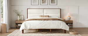English Elm Solid Wood Queen Platform Bed Velvet Tufted Headboard Architectural Slat Design Espresso N7090000743P