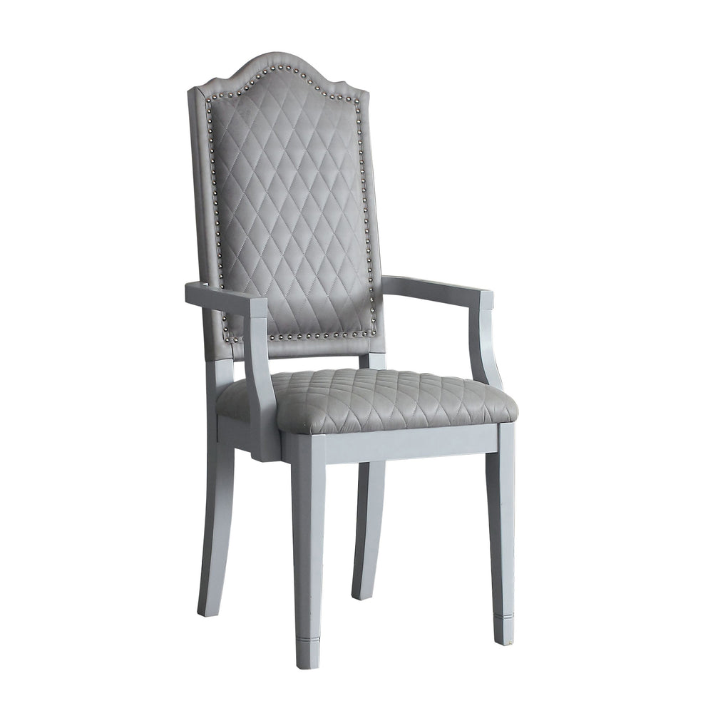English Elm Two Two Tone Grey Upholstered Arm Chairs Set of 2 — Diamond Grid, Nailhead Trim, Pearl Grey Finish, Luxe Seating for Dining or Office B062P185700