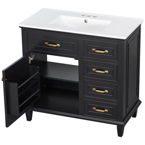 English Elm 36 Inch Bathroom Vanity With Ceramic Sink Top, Solid Wood Frame & Smart Storage Solutions For Style N725P336554B