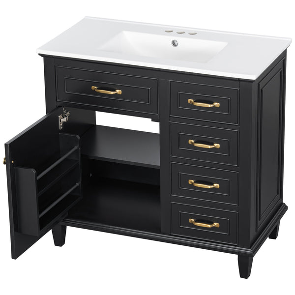 English Elm 36 Inch Bathroom Vanity With Ceramic Sink Top, Solid Wood Frame & Smart Storage Solutions For Style N725P336554B