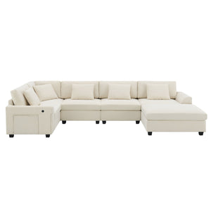 English Elm 128*67" U Shaped Sectional Sofa with Movable Ottoman, Hidden Armrest Storage, Cup Holders & USB Ports Off White N723S0192A