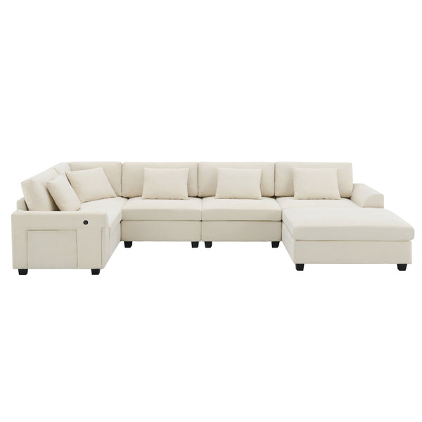 English Elm 128*67" U Shaped Sectional Sofa with Movable Ottoman, Hidden Armrest Storage, Cup Holders & USB Ports Off White N723S0192A
