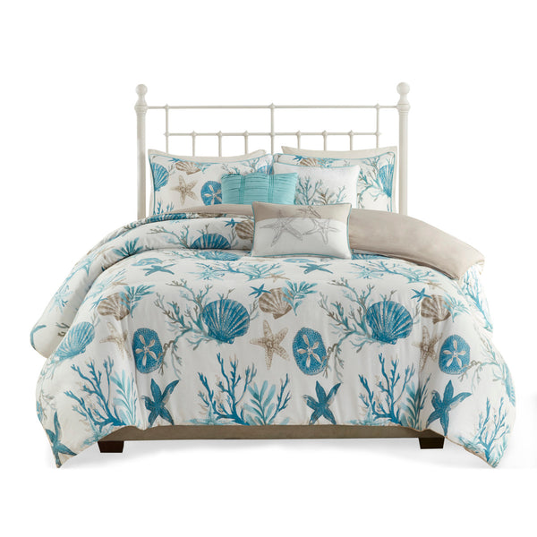 English Elm Full/Queen Pebble Beach 6 Piece Cotton Sateen Duvet Cover Set - Coastal Shells, OEKO-TEX, Embroidered Pillows B03597371