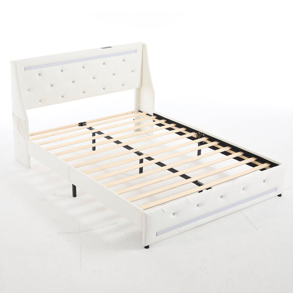 English Elm Full Platform Bed Faux Leather Diamond Tufted Headboard Led Lighting Charging Station White W5722P462371