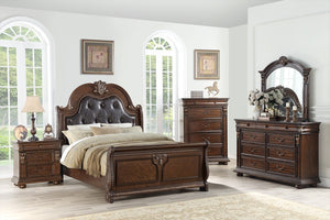 English Elm Traditional California King Bed Carved Faux Leather Tufted Headboard Dark Brown Frame B011S02131