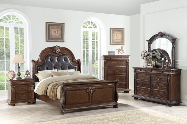 English Elm Traditional California King Bed Carved Faux Leather Tufted Headboard Dark Brown Frame B011S02131