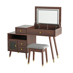 English Elm 3-in-1 Vanity Desk with LED Flip Mirror, Compact Makeup/Dressing Table with Storage Drawers & Stool Walnut N844P291656W