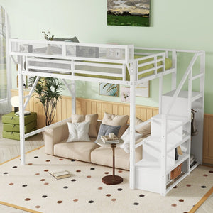 English Elm Full Size Metal Loft Bed with Stair Wardrobe and Shelves for Kids Teen Rooms W2580S00056