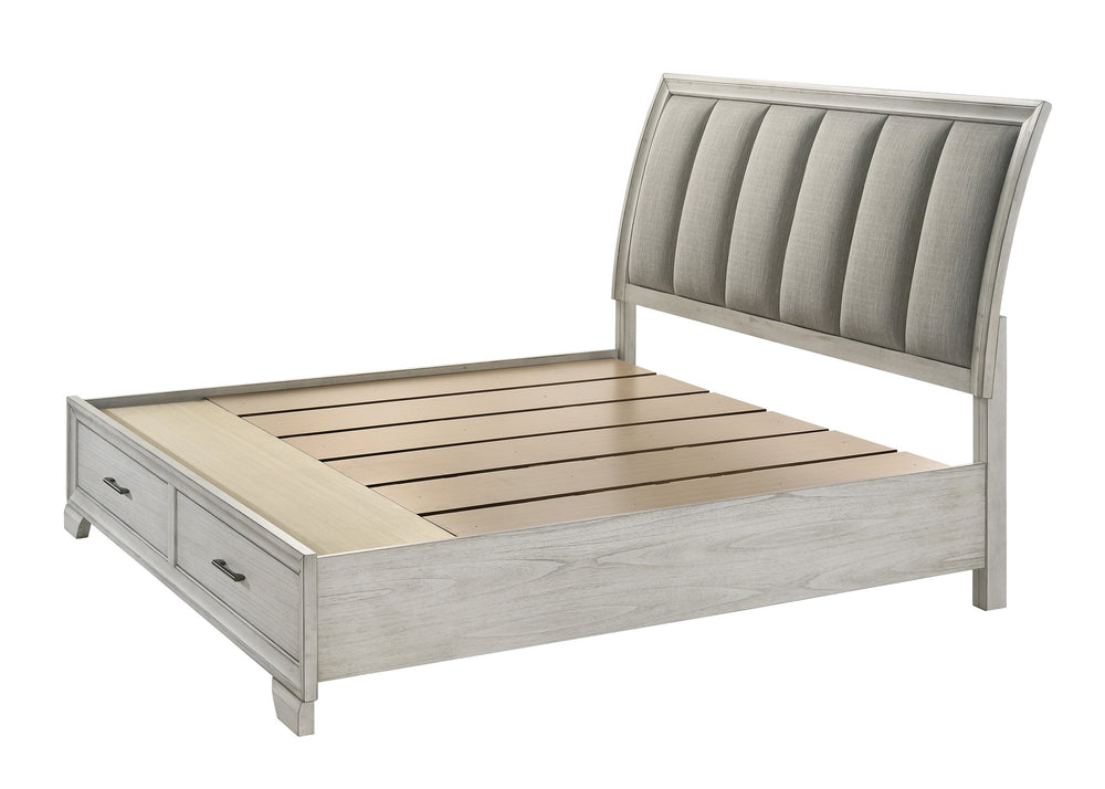 English Elm 1Pc Queen Storage Bed With Plush Headboard & Hidden Footboard Drawers In Elegant White Mist Finish B2741S00193