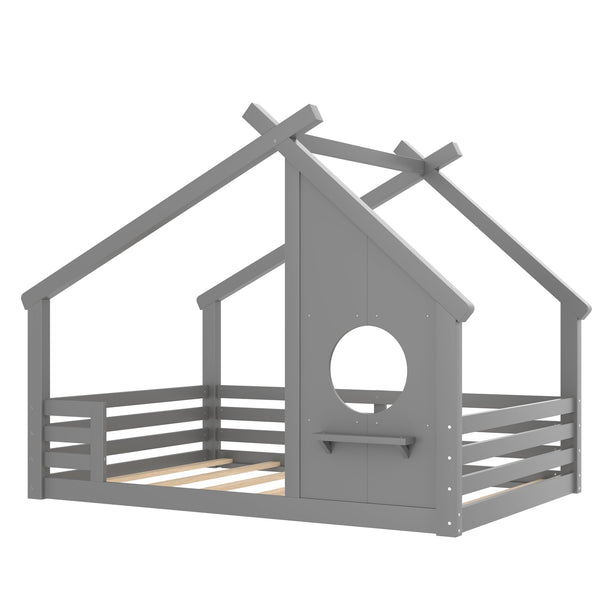 English Elm Full House Floor Bed with Roof Window and Shelf – Solid Pine Kids Loft-Style Low Bed, Durable Design Grey W1580P362698