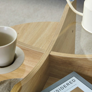 English Elm Round Tempered Glass Coffee Table with Fan Pedestal Base for Modern Living Rooms Natural Wood,Transparent W1151P256001