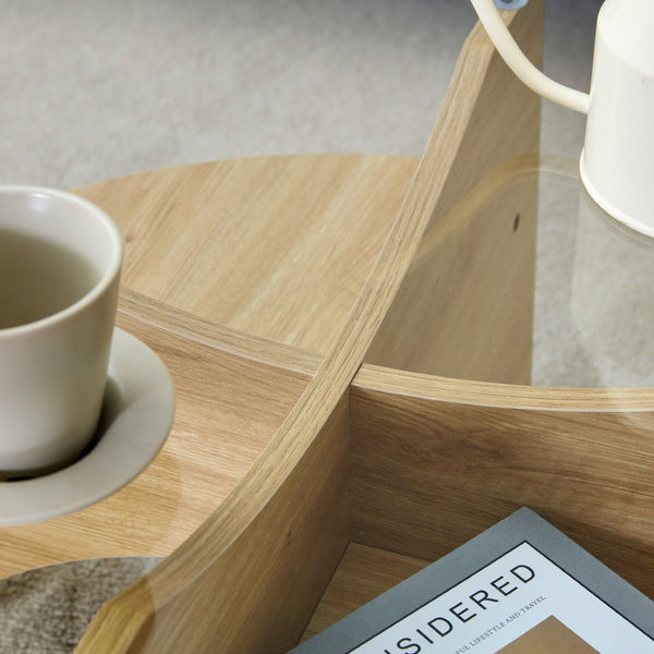 English Elm Round Tempered Glass Coffee Table with Fan Pedestal Base for Modern Living Rooms Natural Wood,Transparent W1151P256001