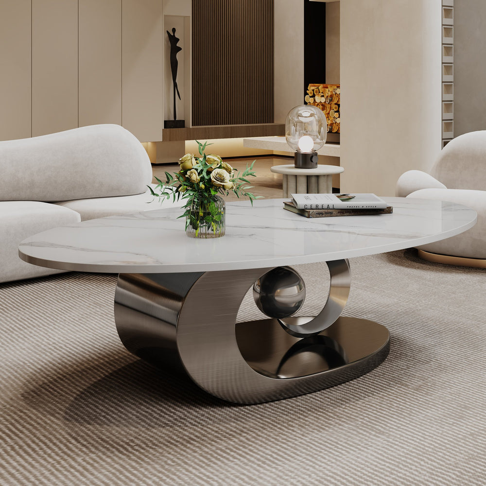English Elm Marble Fish Belly Coffee Table with Sculptural Stainless Steel Base, Faux Marble Top, Leveling Feet W3136S00009
